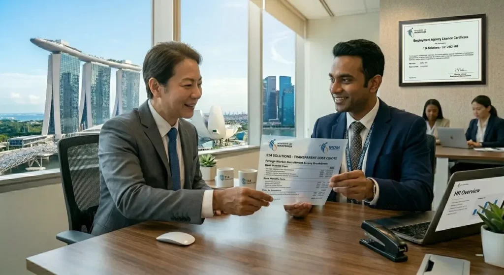 114 Solutions MOM-licensed agency providing transparent foreign worker hiring cost quote Singapore