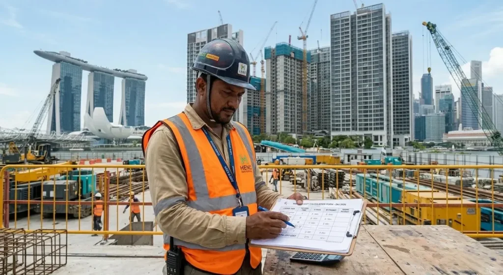 Construction employer in Singapore calculating foreign worker levy cost per worker 2026