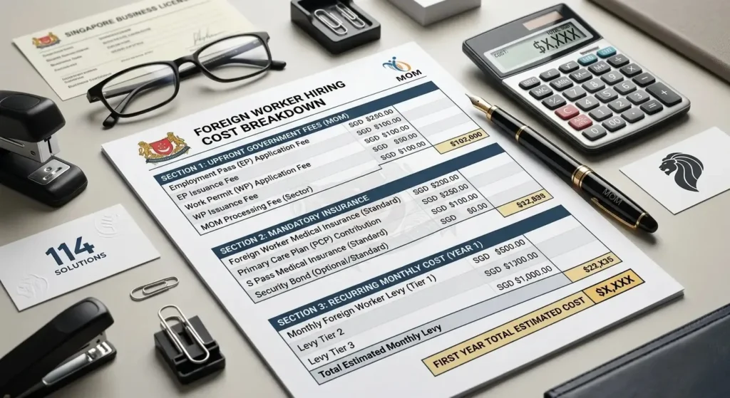 First year total cost breakdown worksheet for hiring foreign worker Singapore 2026