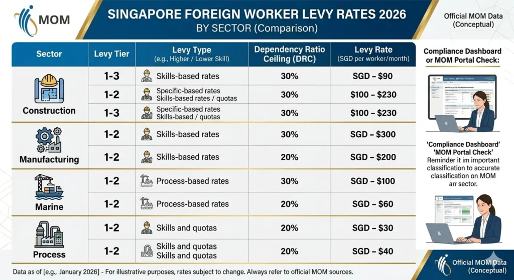 Foreign worker levy rates Singapore 2026 by sector and skill tier comparison table
