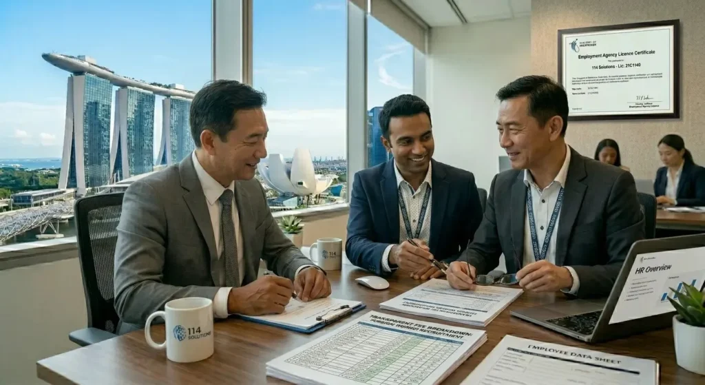 MOM-licensed manpower agency consultant explaining transparent hiring fees to Singapore employer