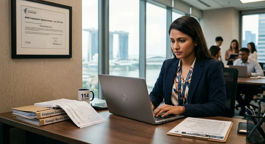 MOM-licensed manpower agency submitting Work Permit application on behalf of Singapore employer 2026