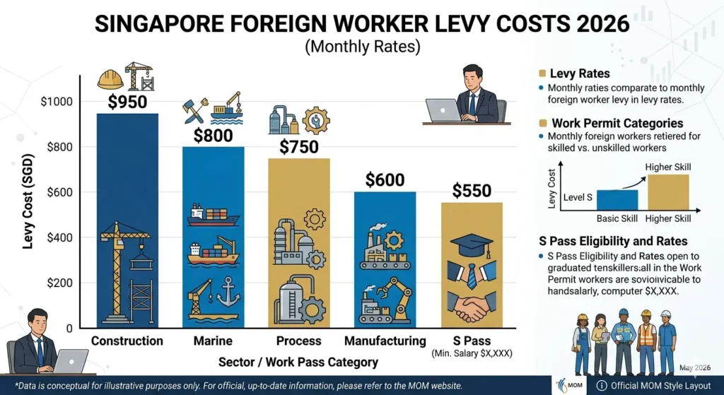 Monthly foreign worker levy cost comparison by sector Singapore 2026