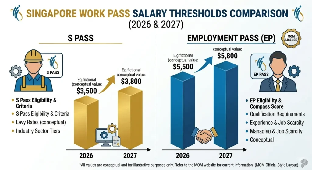 S Pass vs Employment Pass minimum salary comparison Singapore 2026 and 2027